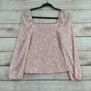 Halogen Shirred Peasant Blouse Women's Size Medium‎ Pink Scrolling Lines NEW